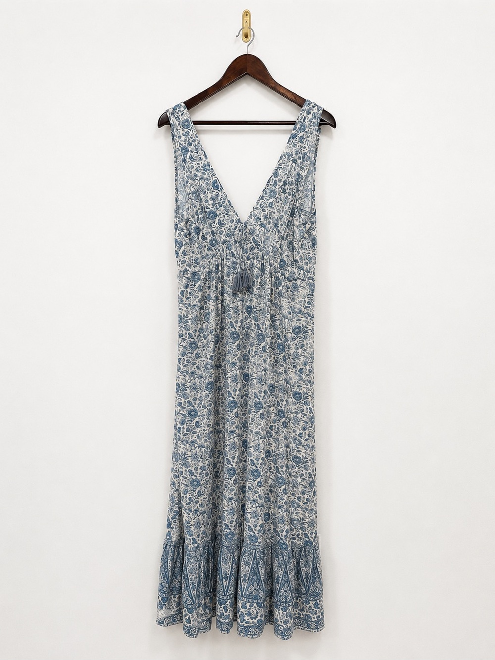 Faherty Eden Dress L Blue Water Floral Maxi Boho Coastal Resort